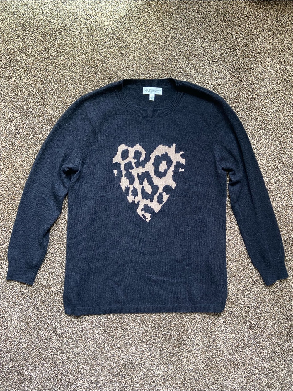 Neiman Marcus 100% Cashmere Heart Black Sweater Leopard Print Small
